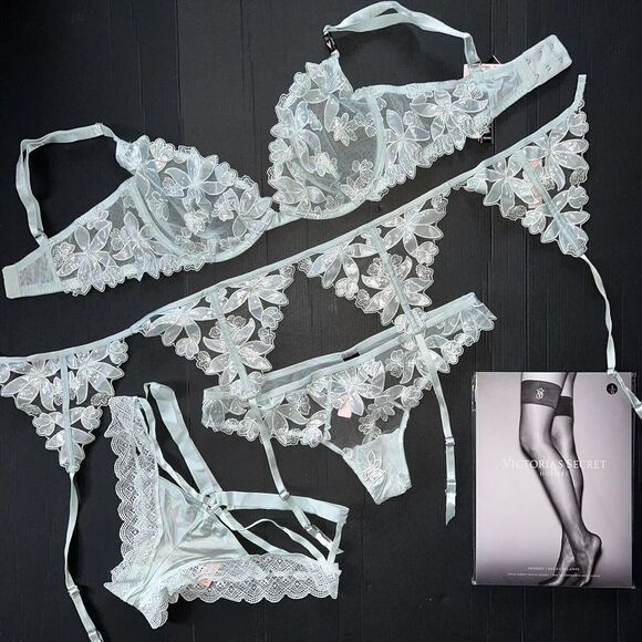 Victoria's Secret unlined 34D BRA SET+garter aqua BLUE mesh lace floral applique